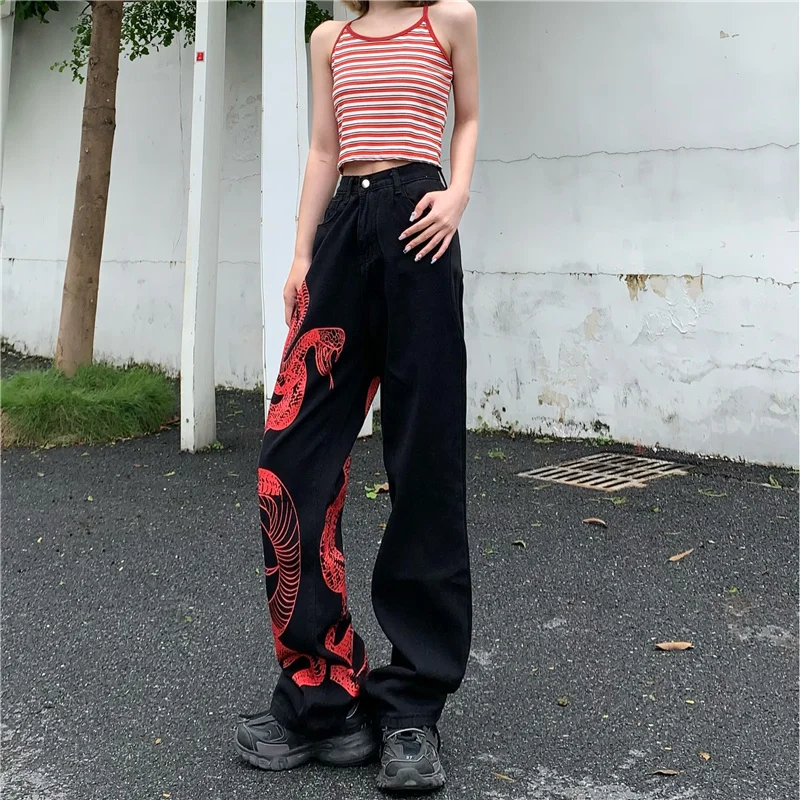

Y2k Girl Red Snake Print Button Fly Denim Jeans Gothic Style Female Full Length Street Black Jeans Harajuku Cool Punk Trousers
