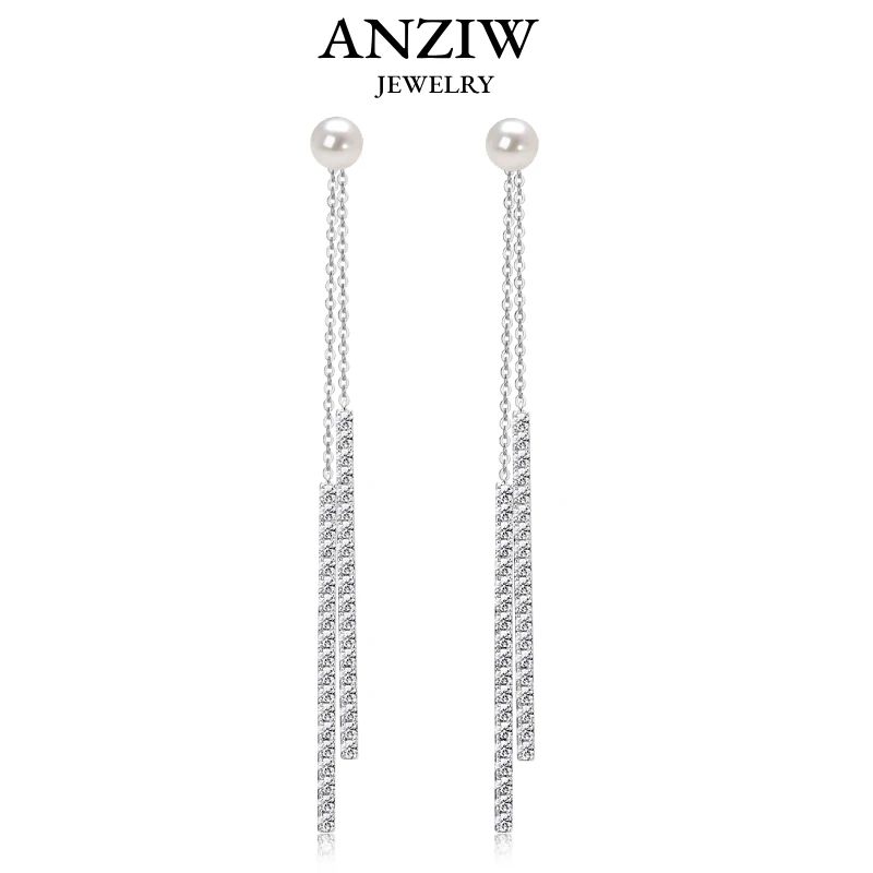

Anziw Long Double Chain Tassel CZ Drop Earrings 925 Silver 6.5mm Natural Freshwater Pearl Studs Wedding Party Jewelry for Women