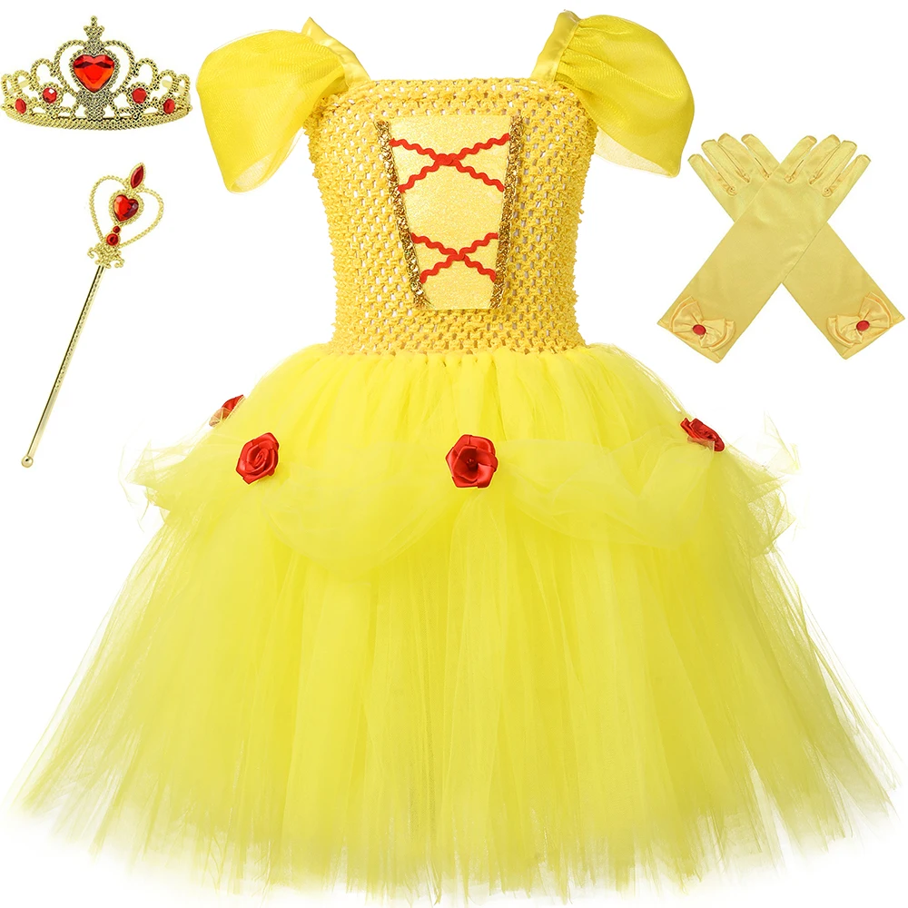 

Girls Belle Princess Tutu Dress Yellow Flowers Girl Fancy Dress Gown Beauty and The Beast Costume Kids Halloween Party Clothes