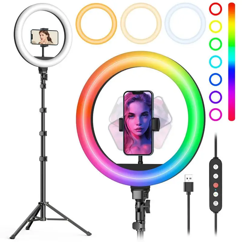 휴대용 사진 비디오 조명 키트, 밝기 조절 RGB LED 셀카 링 필 라이트, 스탠드 포함, 새로운 메이크업 비디오 라이브 키트, 8/10 인치, 12 인치