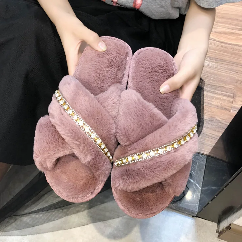 

2023 Fluffy Slippers Women Faux Fur Slides Indoor Slippers Female Flip Flops Plush Sandals Flat Open Toe Luxury Designer Shoes