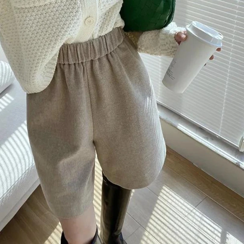 Woolen Shorts for Women Elastic High Waist Autumn Winter Office Style Elegant Ladies Simple Classic Loose All-match Retro Pure