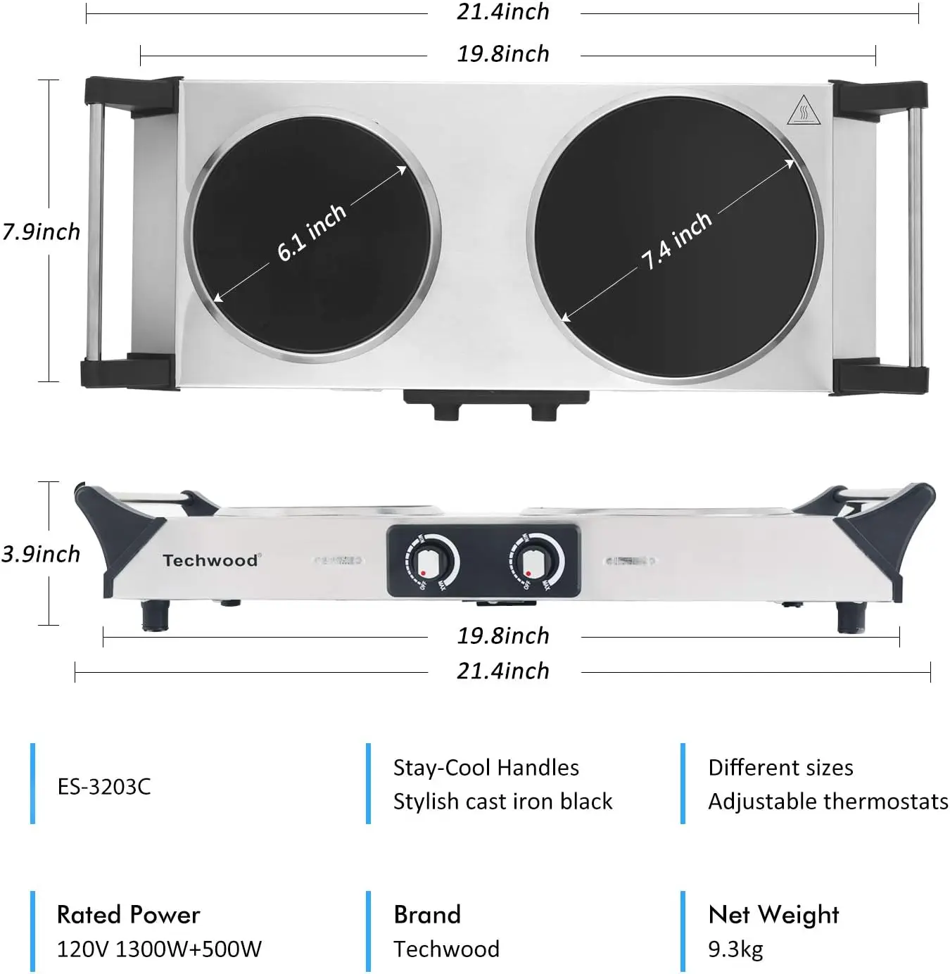 Turkewood electric stove, dual infrared ceramic heating plate cooking, two controlled range burners 5