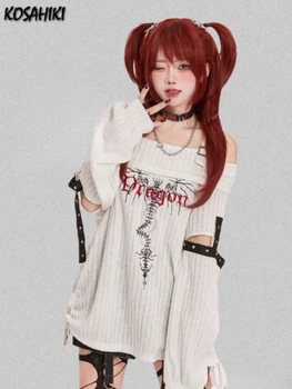 Knitted Harajuku Basic Letter Embroidery  T-shirts Casual Loose Hollow Out Tops Women OSlash Neck Y2k Aesthetic Drawstring Tees 1