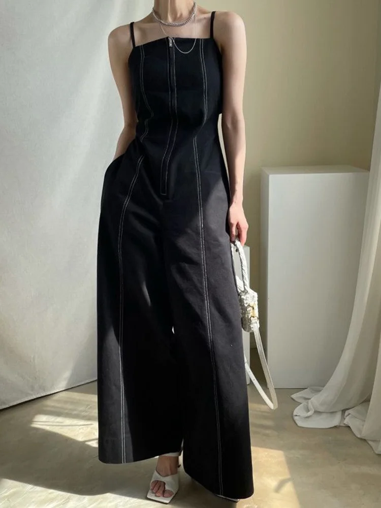 

Zipper Design Topline Wide Leg Pants Double Pocket High Waist Straight Strap Jumpsuit Women 2022 Summer new 3 color B677