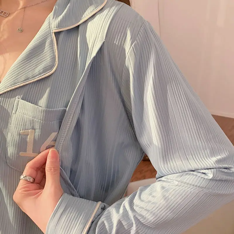 2024 Spring Thin Simple Style Women Pajamas Long Sleeve Breathable Sweat-Absorbent Confinement Clothing Large Size Homewear Suit