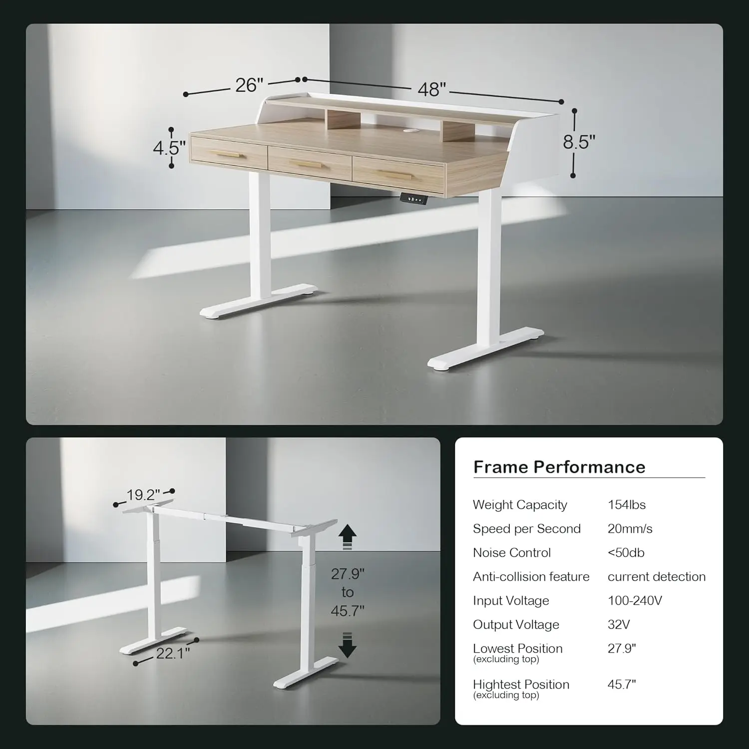 Standing Desk with 3 Drawers, 48 x 26 Inches Height Adjustable Desk with Monitor Shelf, Electric Stand Up Desk