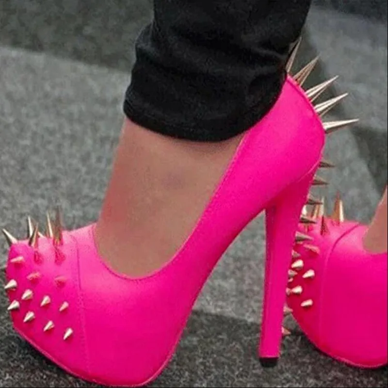 

Fuchsia Patent Leather Pointy Spikes Rivets High Heel Pumps Round Toe High Platform Thin Heels Slip On Party Club Shoes