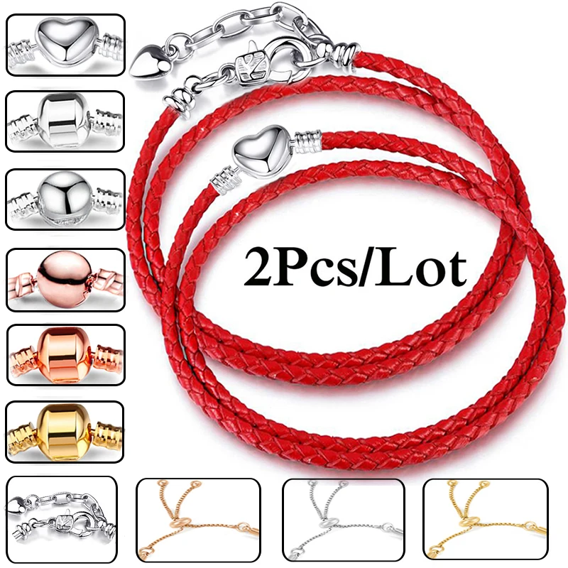 

2Pcs/Lot Fashion Red Leather Chain Charm Bracelets Fit DIY Beads Bracelet Bangles Pulsera Bijoux For Women Men Girl Jewelry Gift