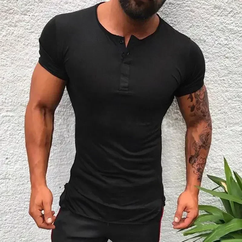 

A2282 Stylish Solid Color Tee Tops Men T Shirt Short Sleeve Bodybuilding Tees Male Clothes Fitness Fashion Nek