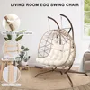 Outdoor Egg Swing Chair with Stand, 2 Person Patio Swing Chairs with Thick Cushions and Pillows, Wicker Double Egg Chair Swing 5
