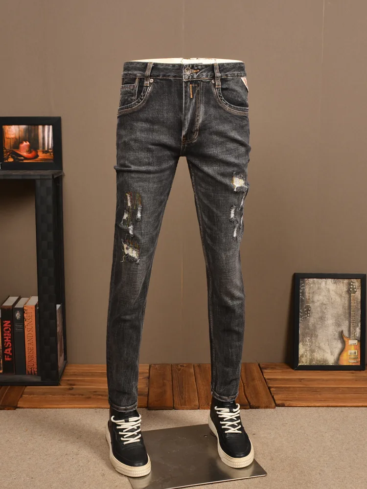 Retro Make Old Ripped Jeans Men's Fashion Stretch Slim High Street Ruffle Handsome Washed Casual Men's Black Trousers retro womens jeans y2k streetwear skinny denim trousers 2023 fashion high waist pencil pants hip hop make old washed jeans