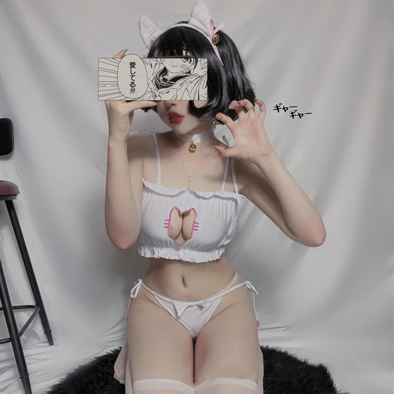 Women Lingerie Women Lingerie Set 4Pcs Japanese Women Cat Bra Set Lovely Cartoon Maid Underwear Set Hollow Cosplay Costume Cute Lolita Kawaii Outfit Sexy Lingerie