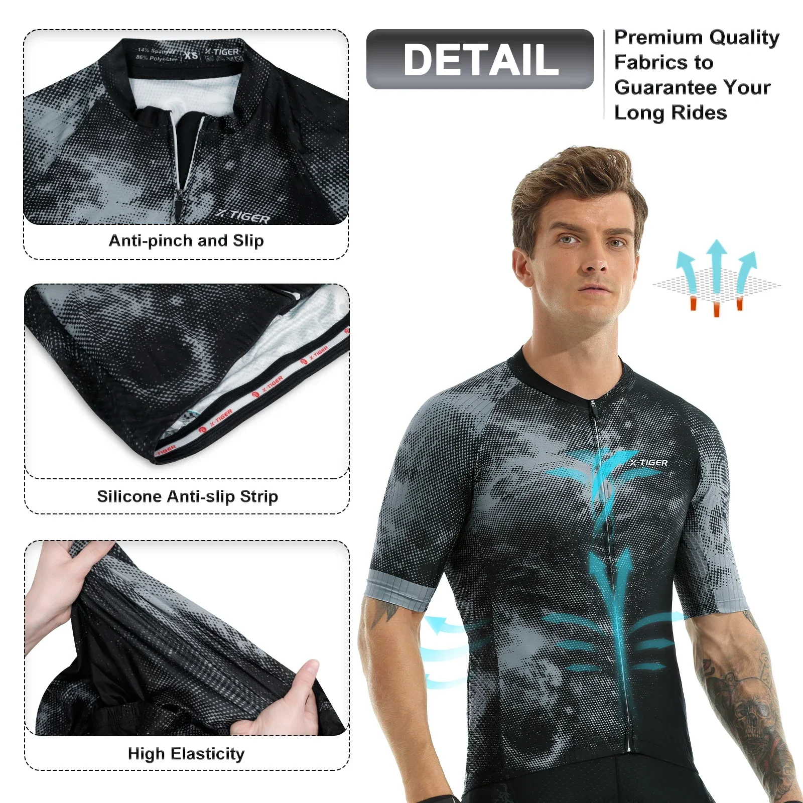 Ｘ-TIGER Cycling Jersey Men Short Sleeve Cycling Fit Lightweight Fabric Simple Chinese Style Cycling Shirt with 4 Back Pockets 2