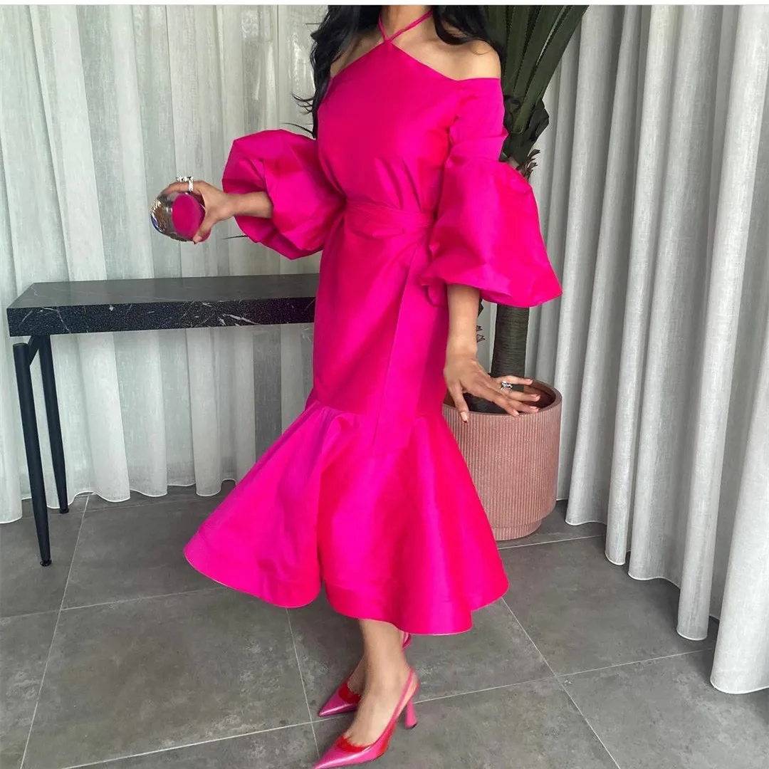 

FDY Elegant Short Halter Taffeta Evening Dresses Puffy Sleeve Mermaid Fuchsia Tea Length فساتين السهرة Party Gowns Prom Dresses