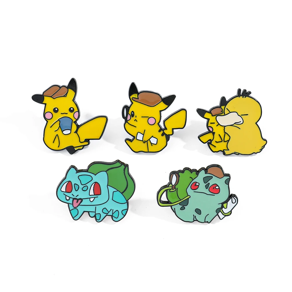Enamel pins 5 Pcs creative detective Pikachu Bulbasaur Psyduck backpack clothing jewelry metal badge
