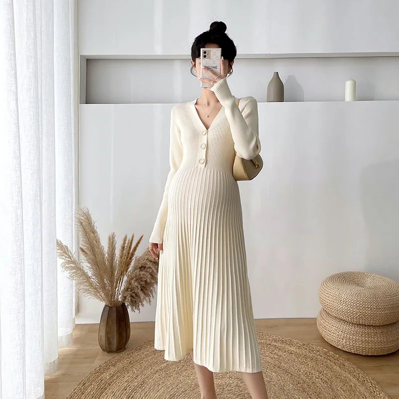 Autumn and Winter Maternity Clothing Long Sleeve V-Neck High Waist Button Fly Pregnancy Knitting Dresses Women Sweaters Knitwear