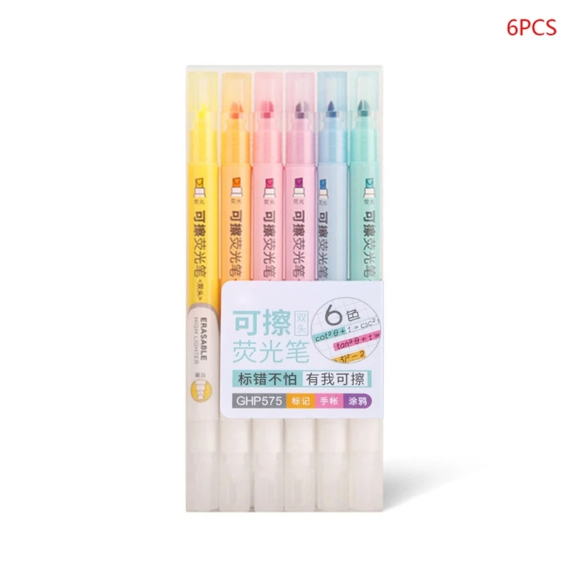 6 Pcs Erasable Highlighters Dual-Tip for Kid Adult DIY Scrapbooking Journaling Dropship