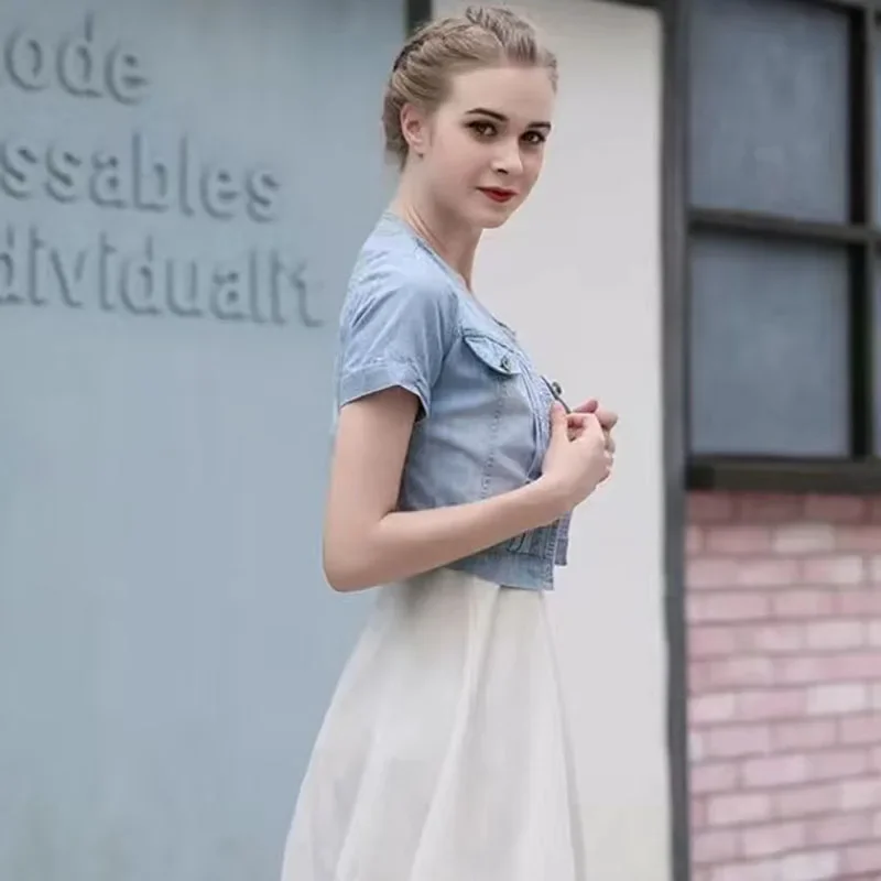 New Y2K Cropped Jacket Women Casual Short Sleeve Denim Jackets