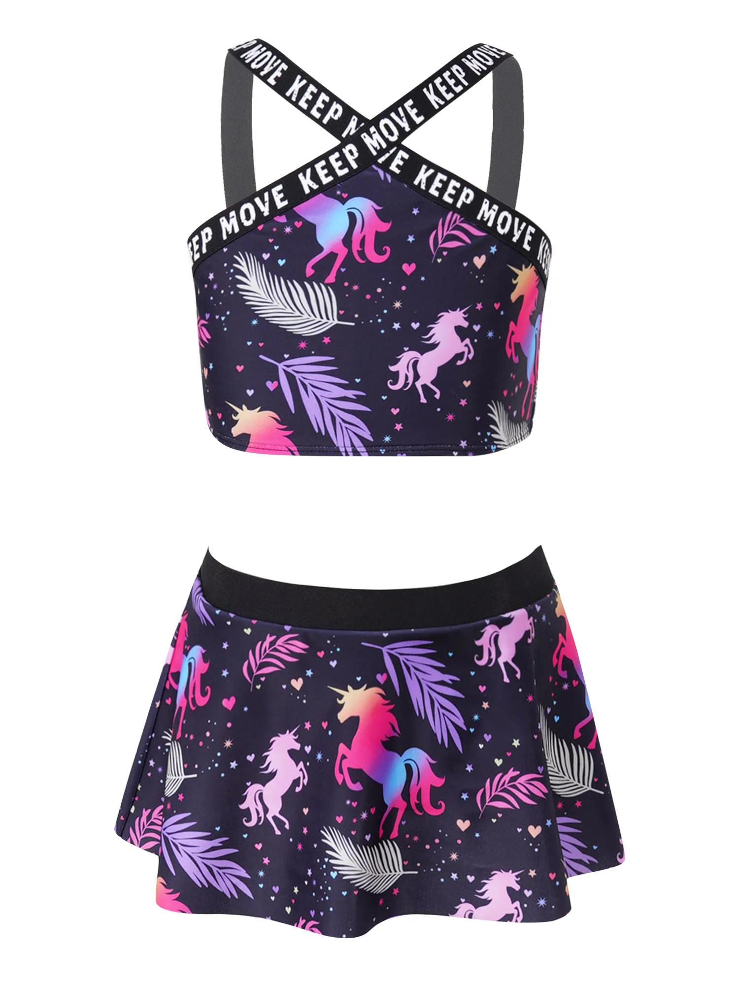 

Kids Girls Print Tankini Two Piece Swimsuit Cross Straps Top Flounce Skirt Skirted Shorts Swimming Beachwear Bathing Swimwear