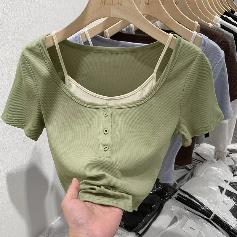 

Summer Fake 2 pieces Women's T-Shirts Buttons 2023 New O-Neck Short Sleeve Casual Shirts Fashion Bottom Korean Short Tops Female