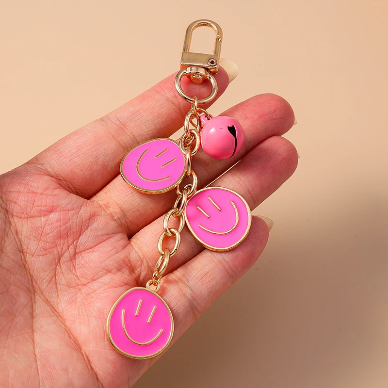 Cartoon Colorful Smile Face Bell Keychain for Car Key Souvenir Gifts for Women Men Handbag Pendant Keyrings DIY Accessories