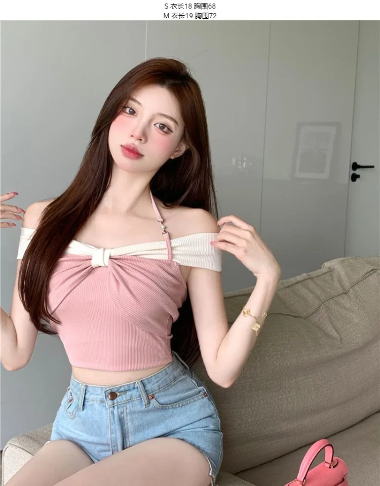 

Halter T-shirts Women Sweet Sexy Age-reducing Casual Korean Style Fashion Gentle New Summer Slim Girlish Crop Tops Ins All-match