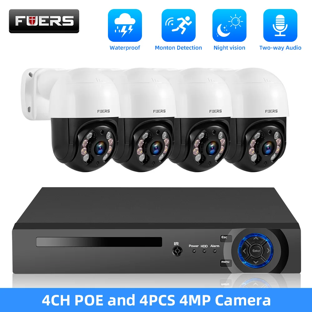 

FUERS 4CH Poe 4MP Camera System Video Surveillance Kit Security Camera Ptz Camera Outdoor Camera Two Way Audio Full Color Night