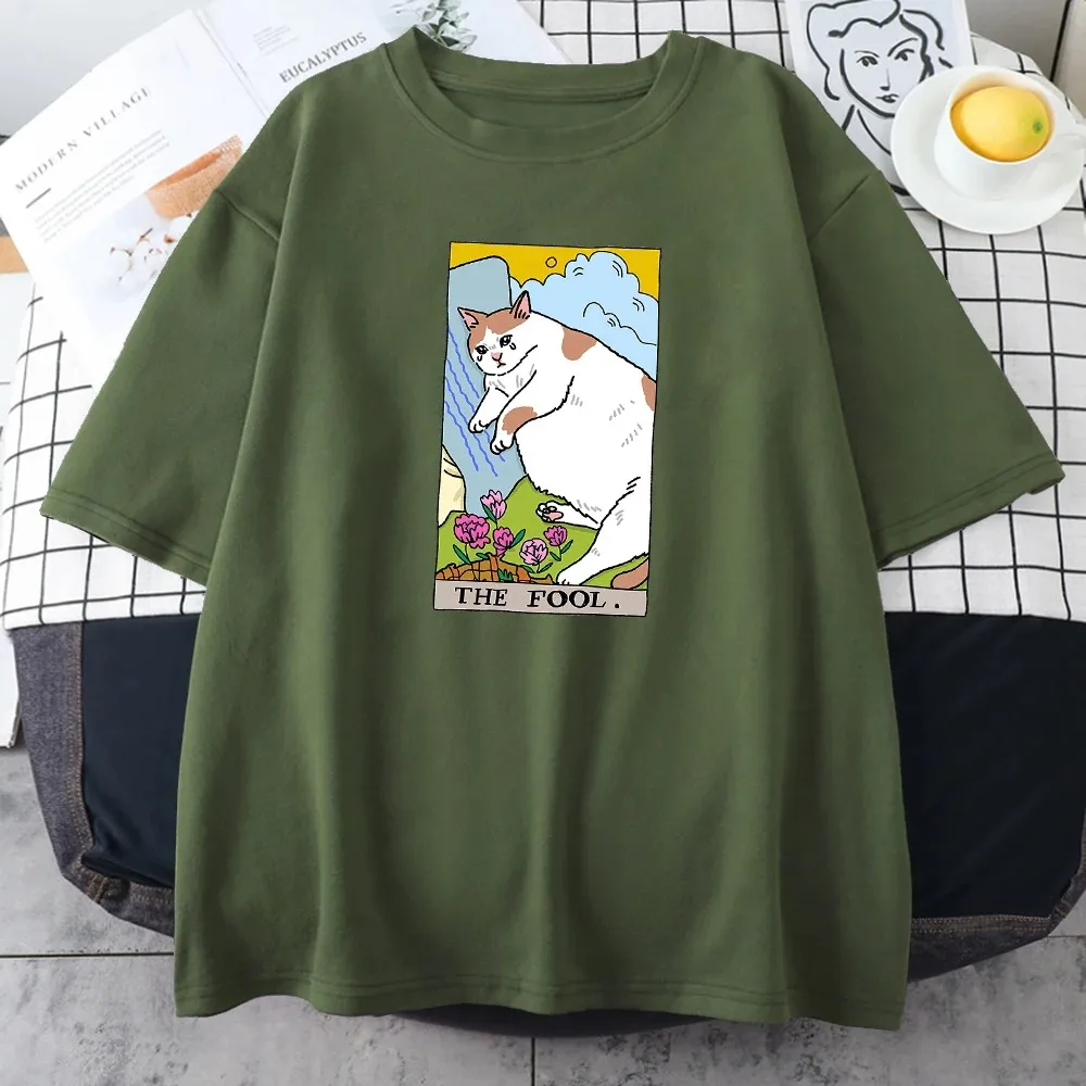The Fool Sad Cat Meme 프린트 남성용 티셔츠, 빈티지 개성, 스트리트 탑, 올 수학 오버사이즈, 반팔, 코튼 티셔츠