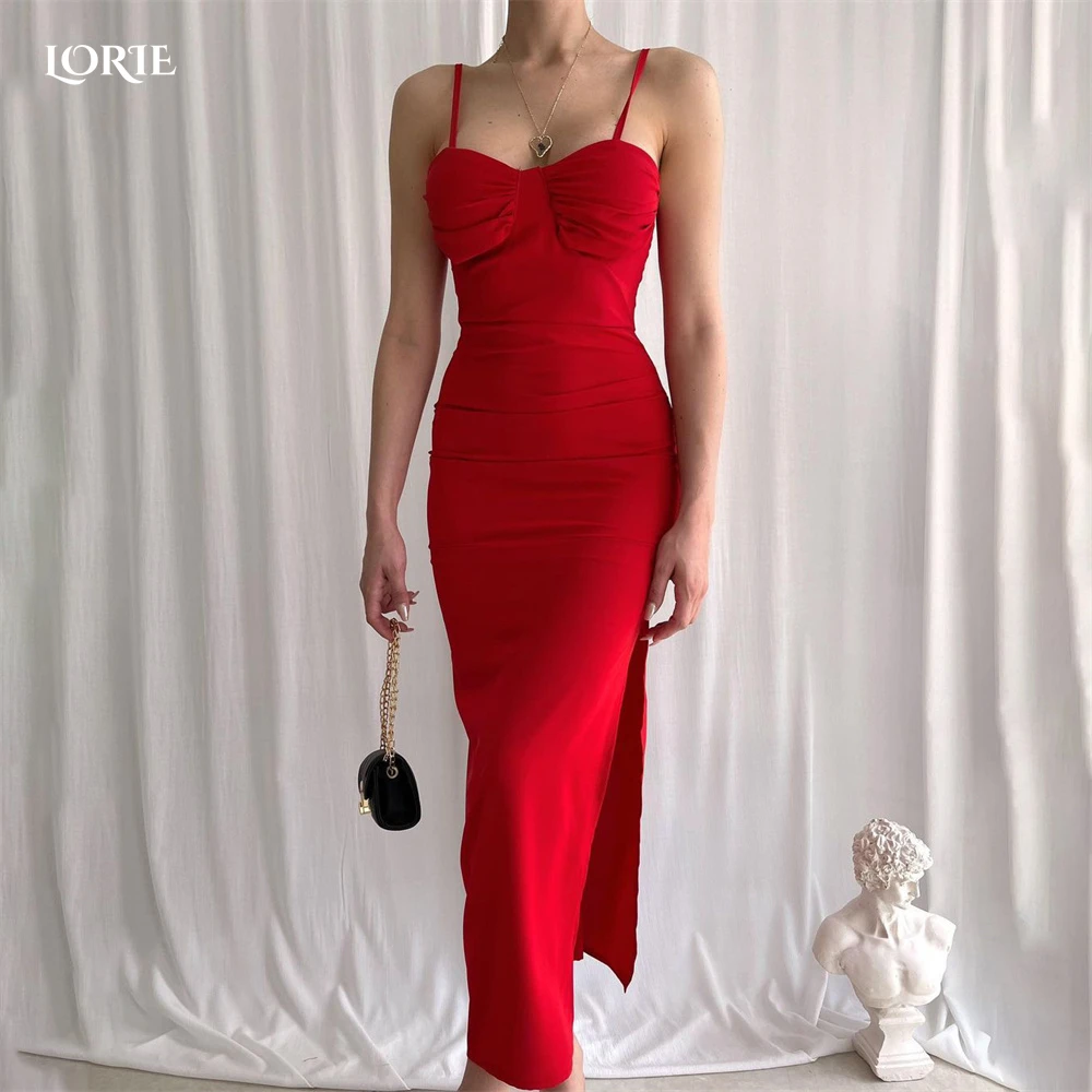 

LORIE Simple Ruched Evening Dresses Spaghetti Straps Side Slit Mermaid Tea-Length Prom Dress Dubai Arabia Sweetheart Party Gowns