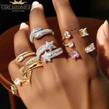 2025 New Luxury Shiny Heart Round Cubic Zirconia Paved Geometric Open Ring Gold Color for Women Jewelry Accessories Wholesale 1