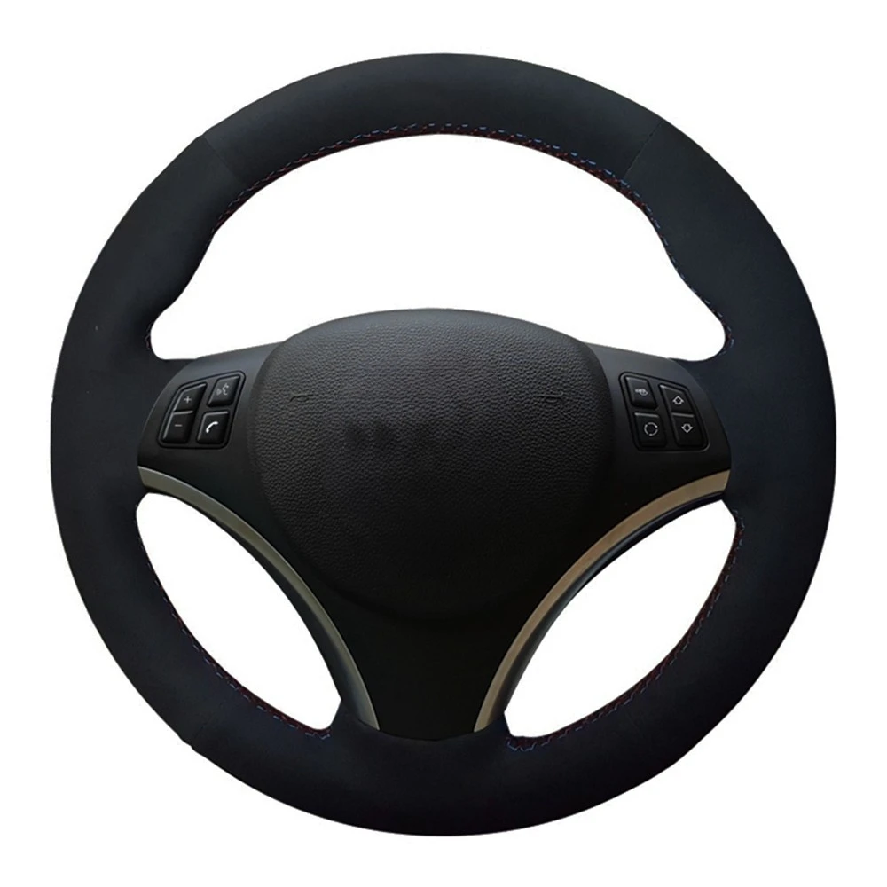 

Car Steering Wheel Cover Hand-stitched Black Genuine Leather Suede For BMW E90 E91 E92 E93 E87 E81 E82 E88 X1 E84