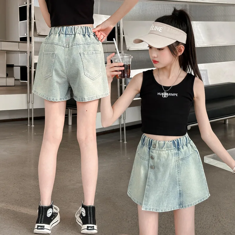 Girls Denim shorts Skirt Summer Children's Culottes Teenager Kids Casual Pantskirt Checkerboard Button Trouser Skirts