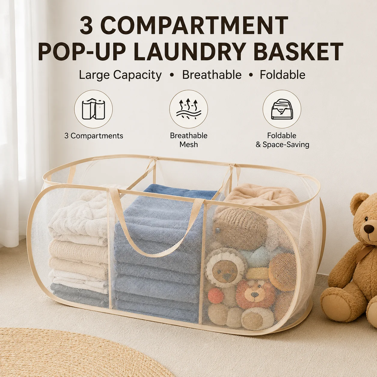 Toys Storage Basket Large Capacity 3 Grids Laundry Multifunctional