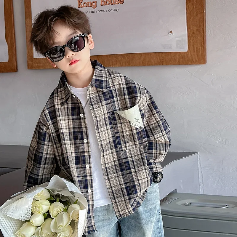 Plaid Long Sleeve Shirt for Boys Spring Autumn Fashionable Checkered Children's Clothing Small Medium Size Kids' Outerwear