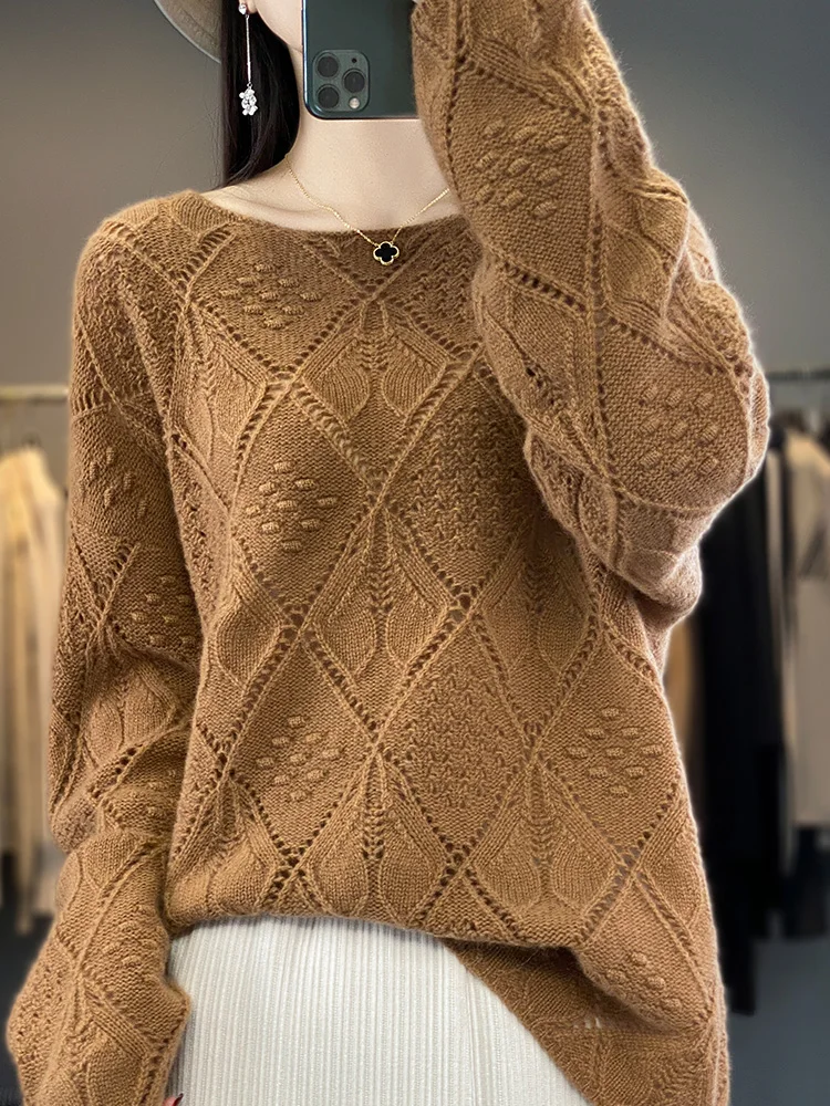 

Aliselect Fashion Women Sweater O-neck Pullover Vintage 100% Merino Wool Long Sleeve Hollow Out Knitwear Spring Clothing Tops