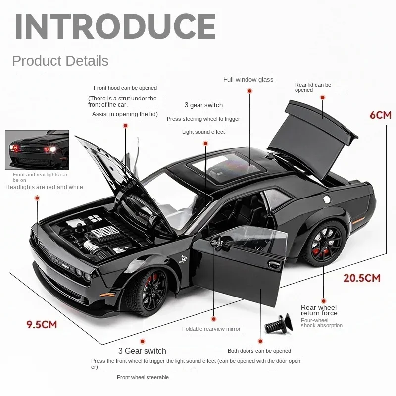 Simualtion 1:24 Dodge Challenger Hellcat Redeye Alloy Car Model Sound and Light Children Toy Birthday Gift Miniature Voiture 3