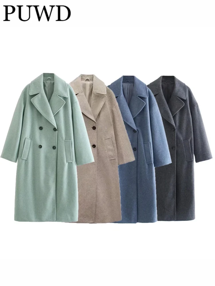 

PUWD Women Lapel Button Woolen Loose Coat 2022 Winter Fashion Girls Casual Female Polyester Solid Color Coat