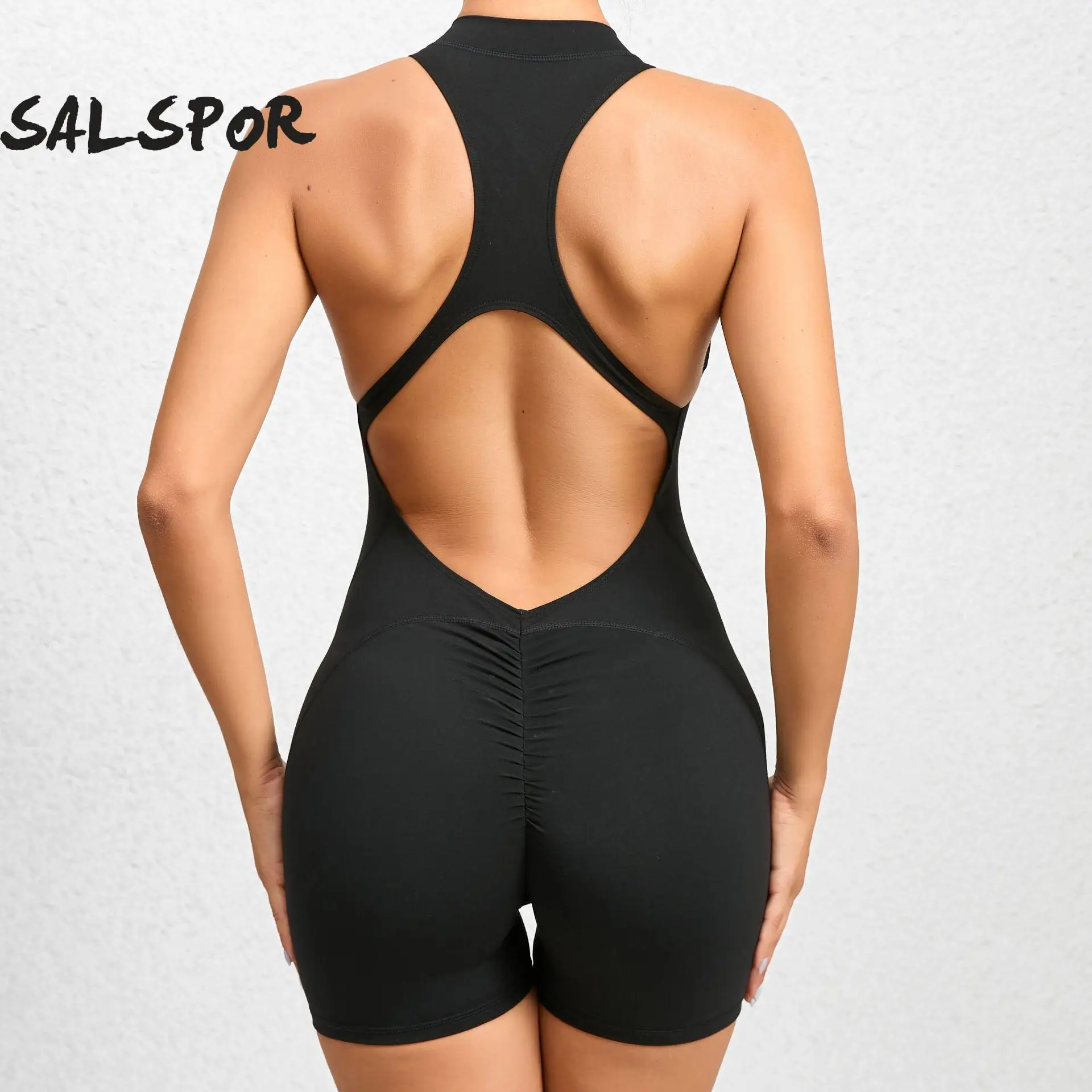 

SALSPOR Back Hollw Sports Jumpsuit Zipper Fitness Bodysuit One Piece Yoga Suit Sleeveless Shorts Athletic Bodysuit Gym Tight