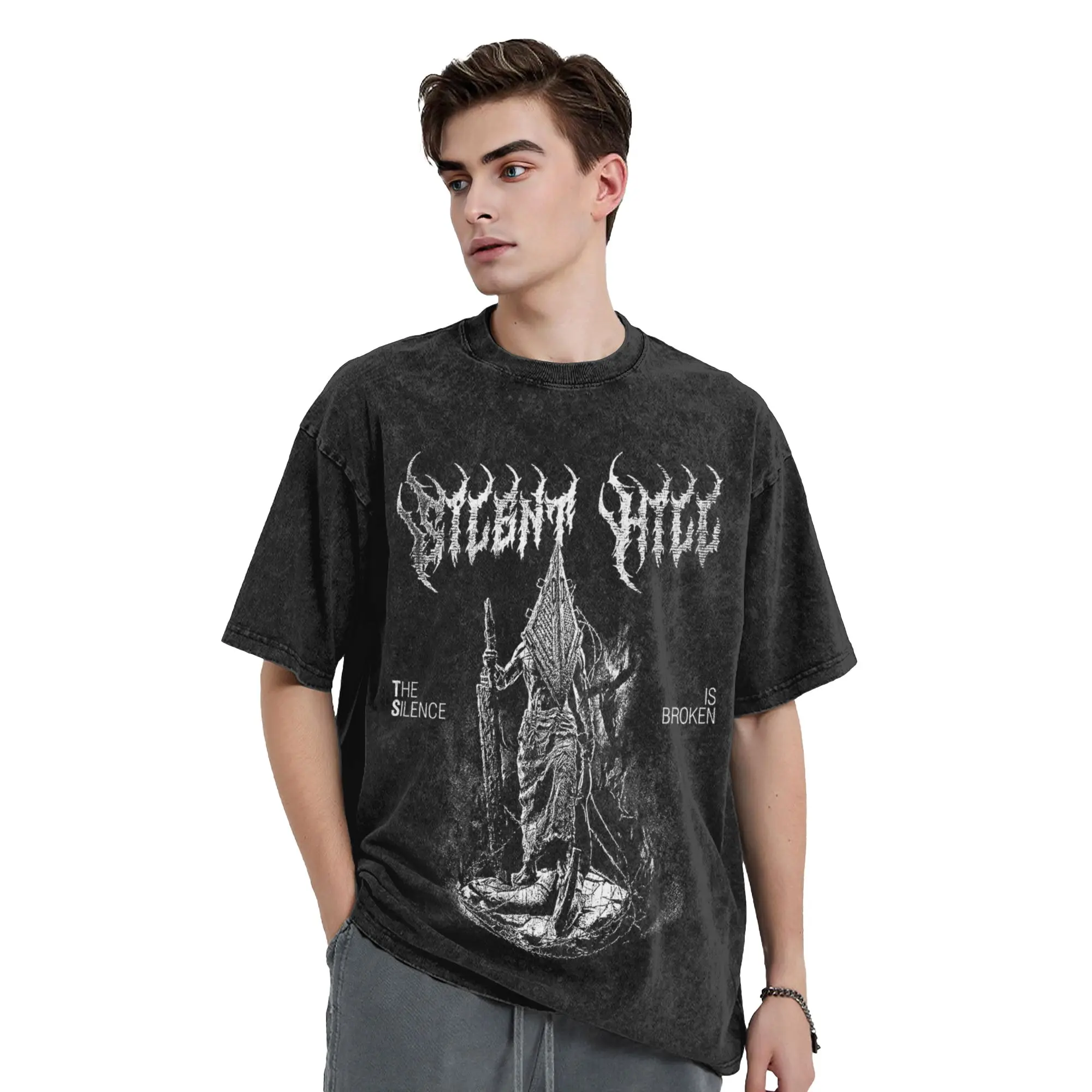 Gewaschene T-Shirts Silent Hill 2 Pyramid Head Vintage 90er Jahre Hip Hop Retro T-Shirts Oversize Streetwear Kurzarm Tops T-Shirts Herren – Detail 1