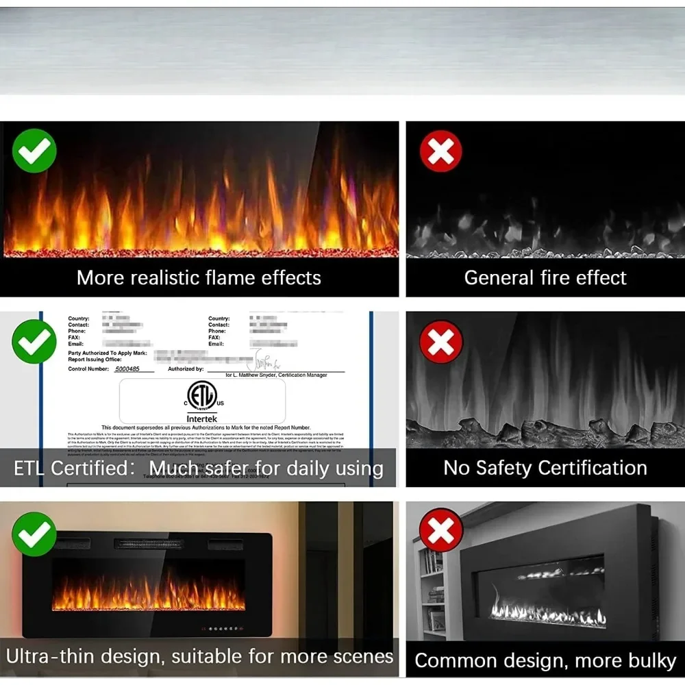 Ultra-Thin Silence Linear Electric Fireplace, Recessed Wall Mounted Fireplace, Fit for 2 x 4 and 2 x 6 Stud, 12 Adjustable Flame 5