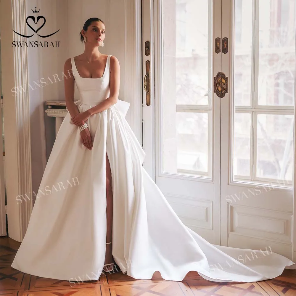 Sleeveless Satin A-Line Wedding Dress 2025 Square Collar Split Bow customized Bride Gown SwanSarah W274 Vestido De Novia 1