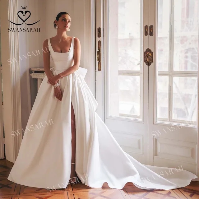 Sleeveless Satin A-Line Wedding Dress 2025 Square Collar Split Bow customized Bride Gown SwanSarah W274 Vestido De Novia 1