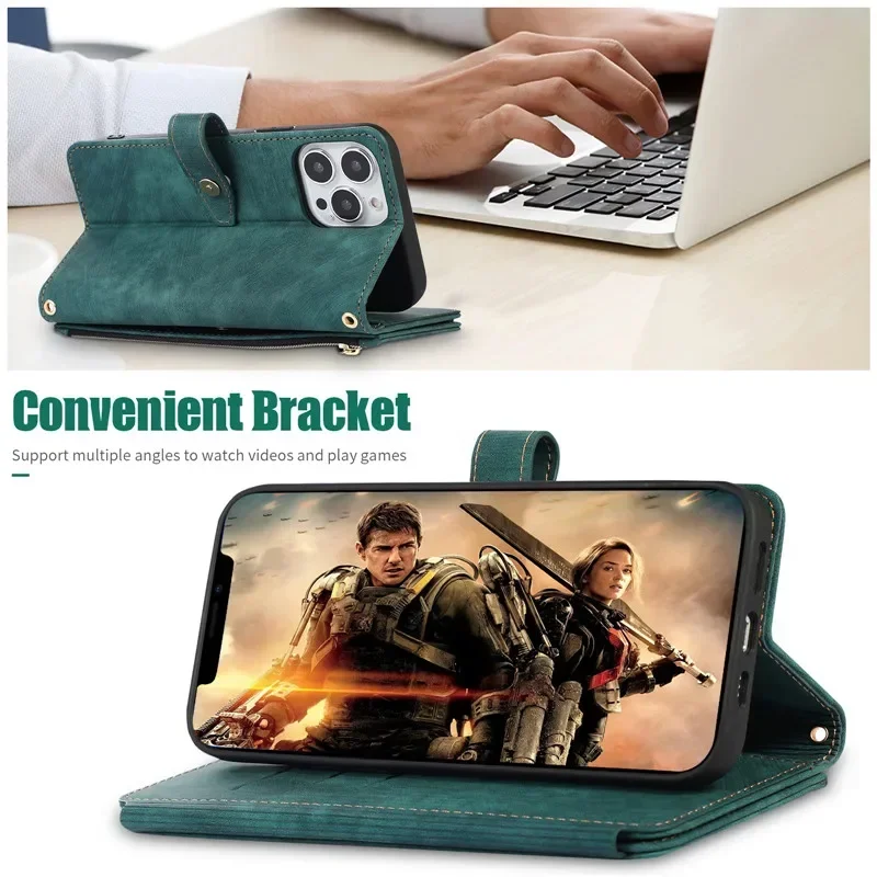Elegant Flip Leather Phone Case with Long Lanyard and Zipper Wallet