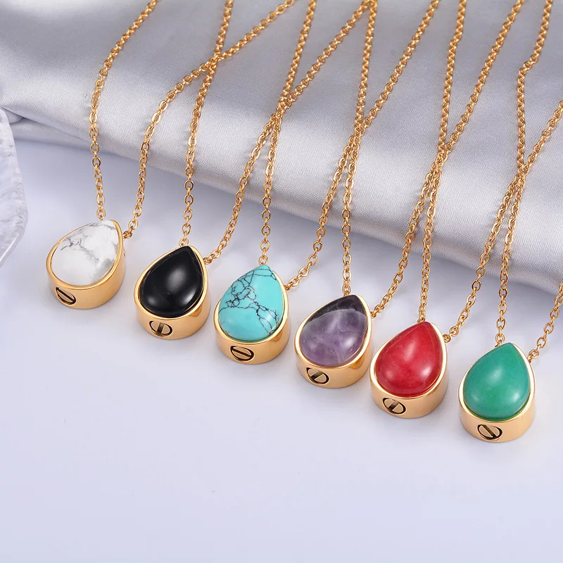 

Natural Stone Amethysts Turquoises Pendant Teardrop Stainless Steel Cremation Urn Necklace Pendant WaterDrop Memorial Jewelry