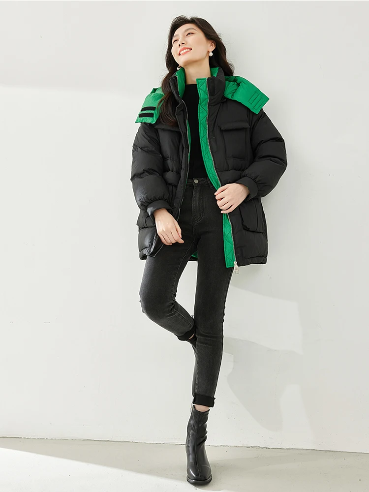 Vimly Duck Down Puffer Jacket for Women 2023 Fashion Green Linning High Neck Detachable Hood Winter Female Warm Down Coat 50312