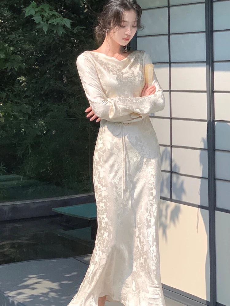 French Vintage Bodycon Evening Dresses for Women Autumn Wedding Prom Robe Flare Sleeve Swinging Collar Midi Vestidos Mujer New