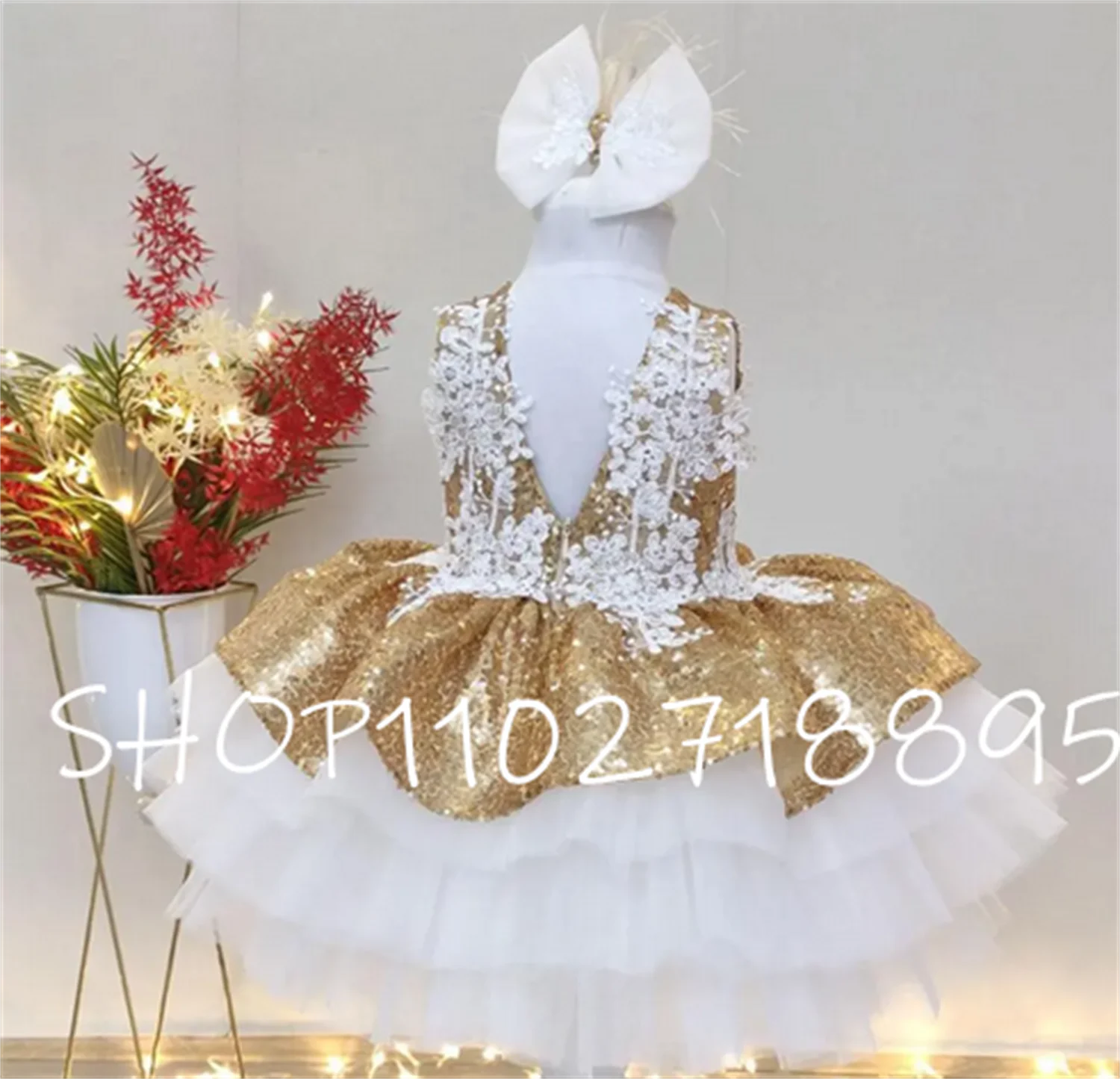 

Gold Sparkle Baby Girl Dress Tutu Sequined Toddler Party Gown Photo Shoot Baptism Dress Birthday Gown with Bow