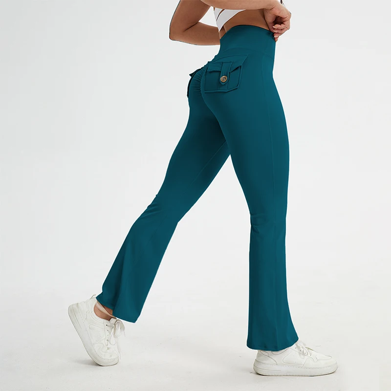 Damen Schlaghosen für Yoga, Frühjahr 2026 Neuheit, Cargo-Leggings mit Taschen, Po-Lifting-Effekt, Weite Beine, Sport-Leggings – Detail 17