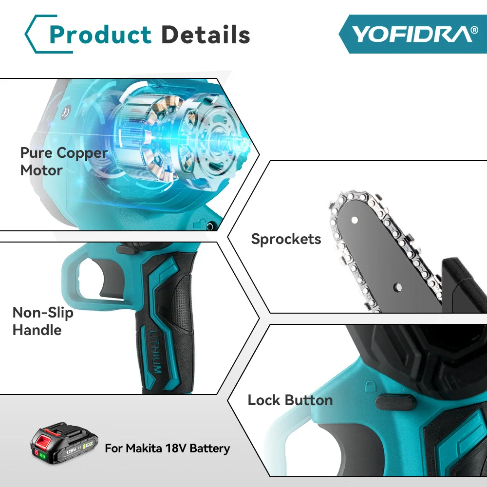YOFIDRA 3000W 6 Inch Electric Chain Saw Mini Cordless Handheld Pruning Chainsaws Wood Cutting Power Tools For Makita 18V Battery 6